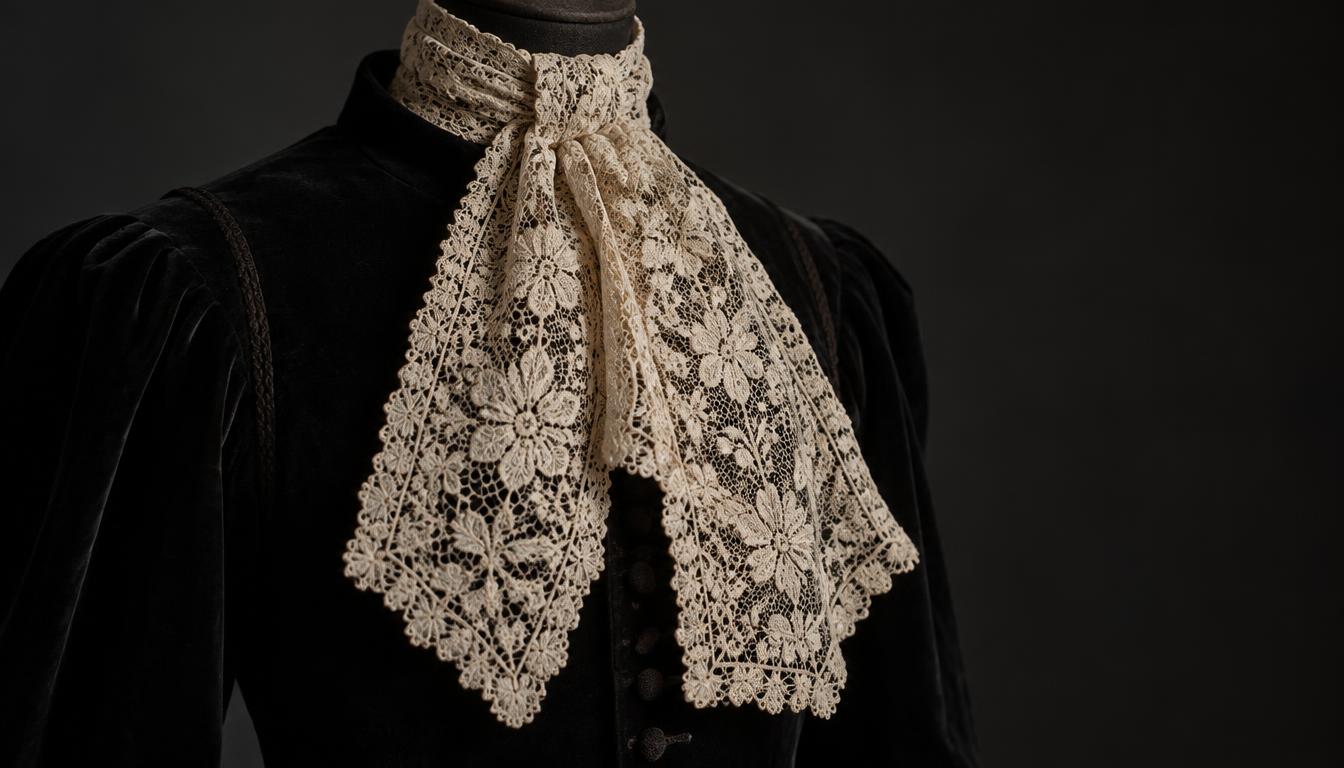 A seventeenth-century Venetian lace cravat on a dark velvet doublet