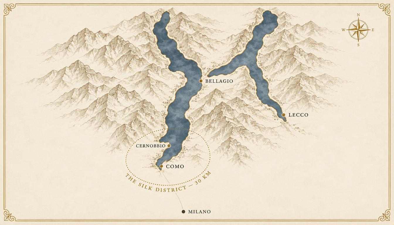 Illustrated map of the Lake Como silk district, from Milano north to Como, Cernobbio, Bellagio, and Lecco