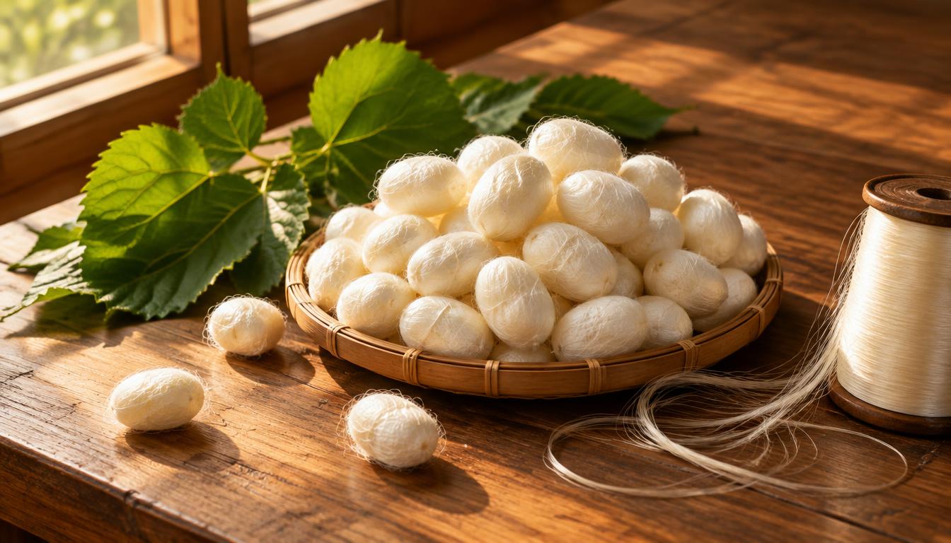 Fresh Bombyx mori silk cocoons in a basket with mulberry leaves and a spool of raw silk
