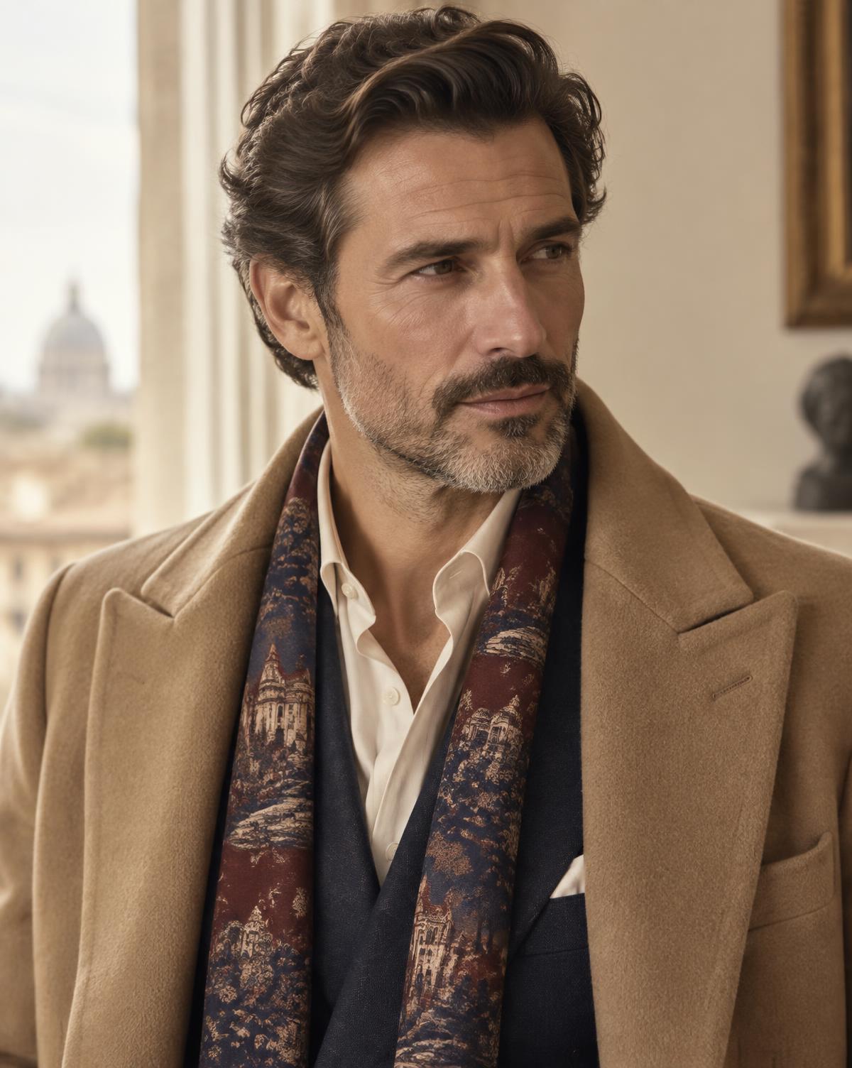 A gentleman wearing a burgundy and navy printed silk long scarf flat against the chest inside the lapels of a camel overcoat