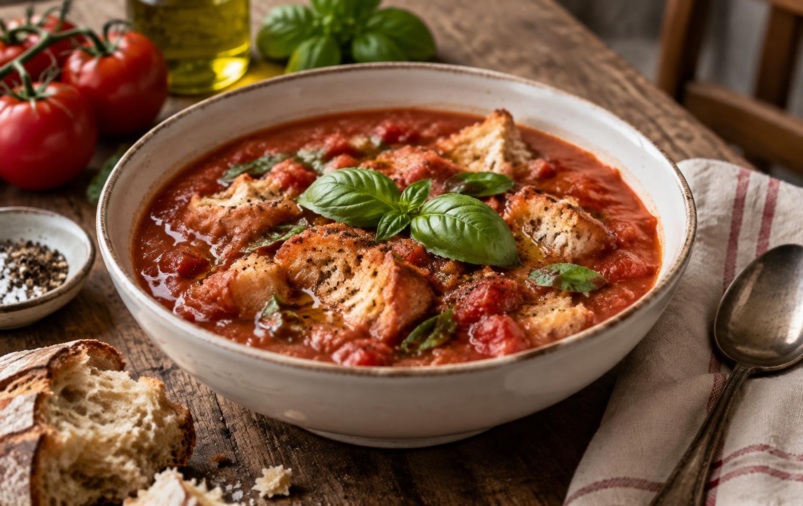 Pappa al pomodoro in a rustic ceramic bowl with fresh basil