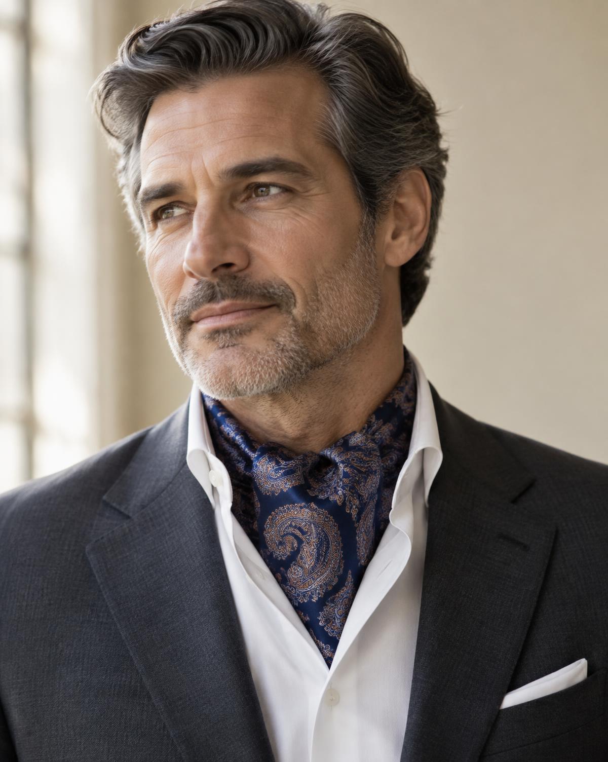 A gentleman wearing a navy paisley silk day cravat with an open white shirt under a charcoal blazer