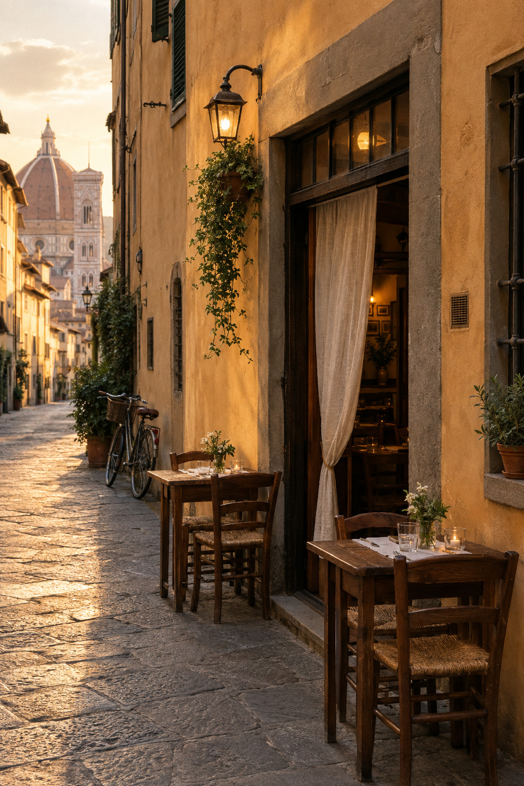 An unmarked trattoria door with linen curtain and two tables outside