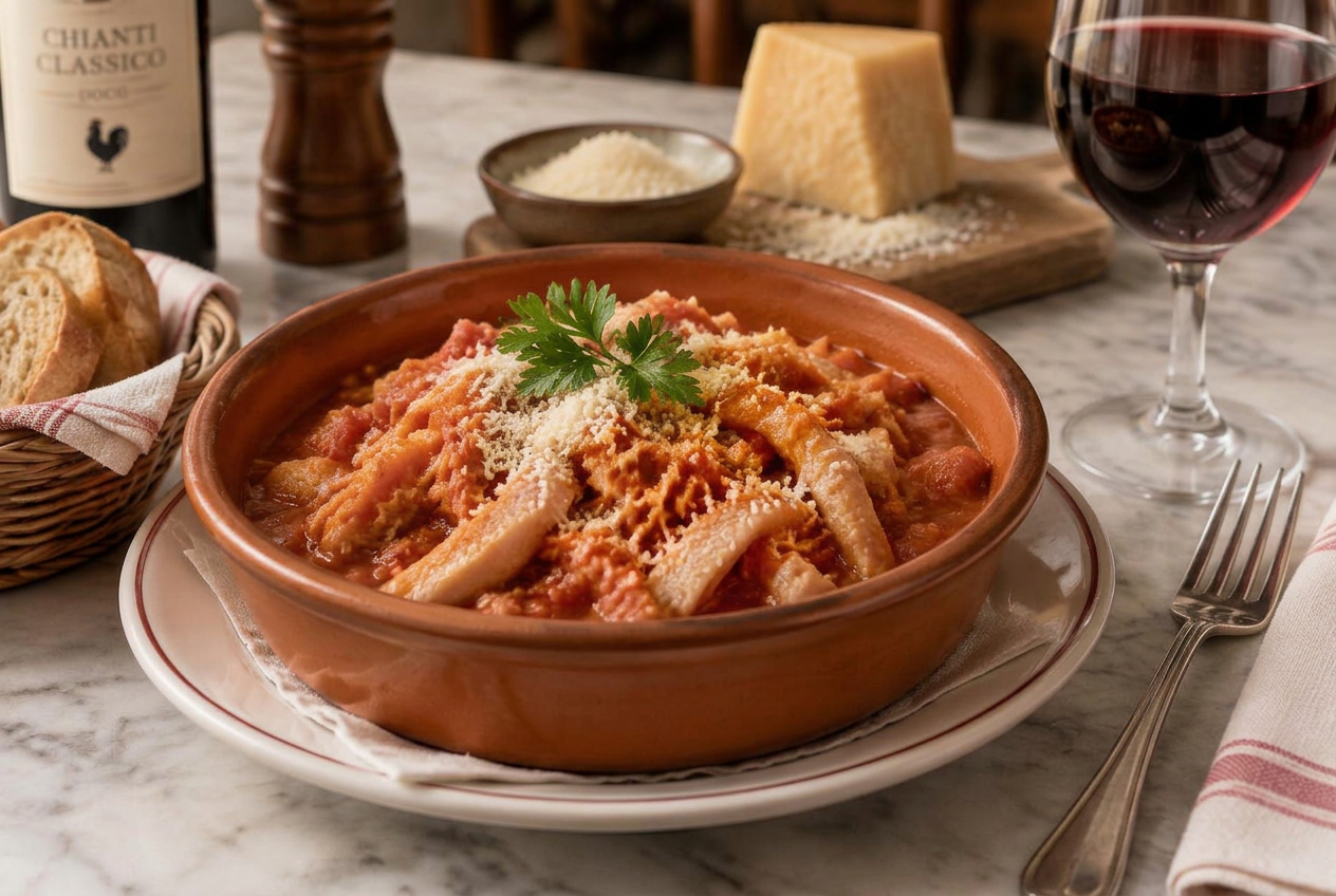 Trippa alla Fiorentina in a terracotta dish with Parmigiano