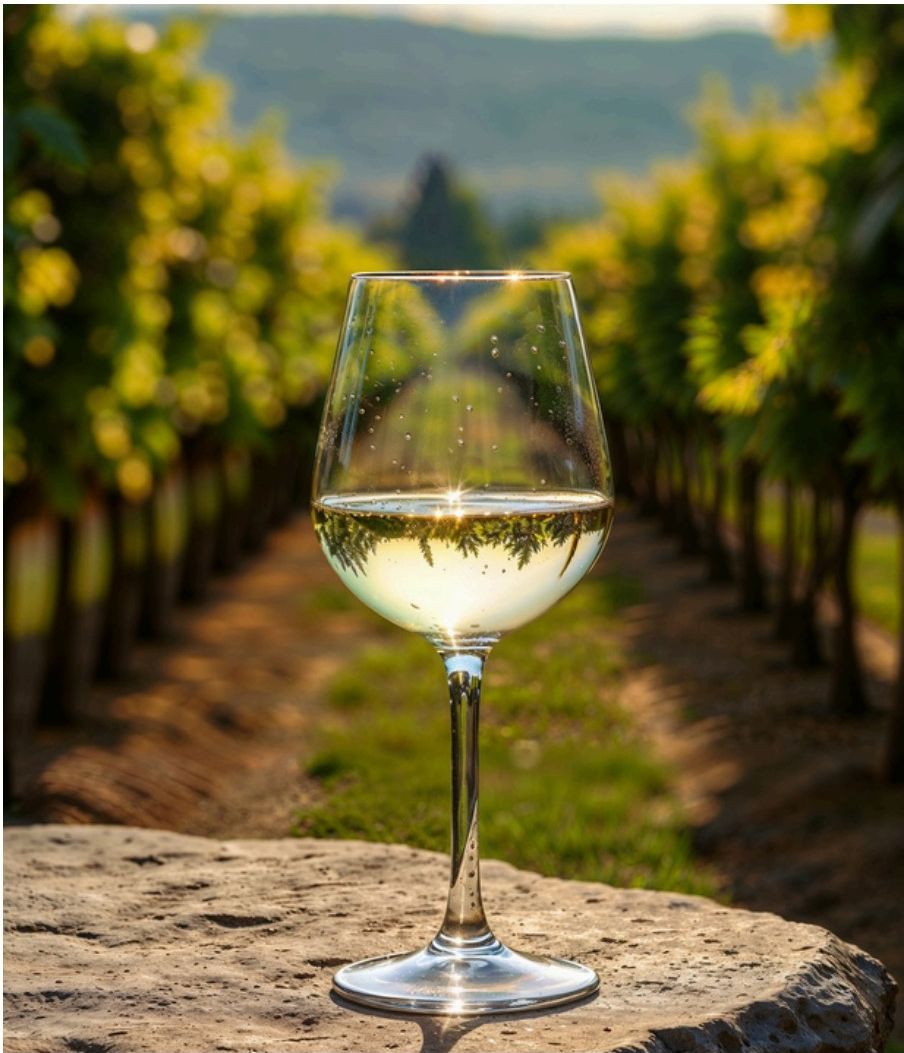 A glass of white wine on a stone surface in a vineyard